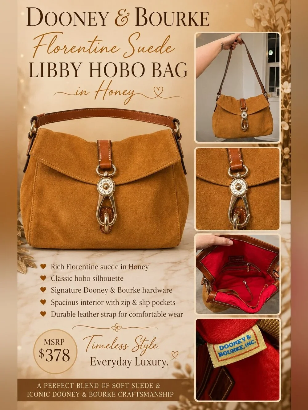 Dooney & Bourke Florentine Suede Libby Hobo Bag in Honey - MSRP $378